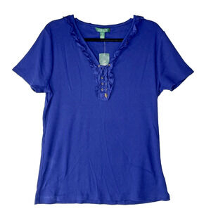 Lauren Ralph Lauren Top Blouse Size XL Navy Blue Short Sleeve Ruffle Collar NWT